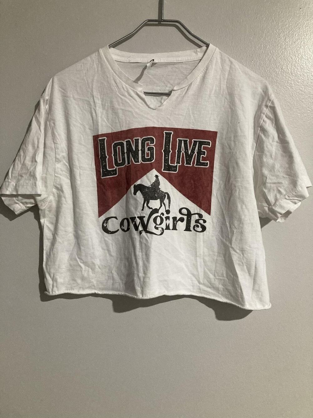Smart Blanks T-Shirt Womens L White Cropped Round Neck Long Live Cowgirls
